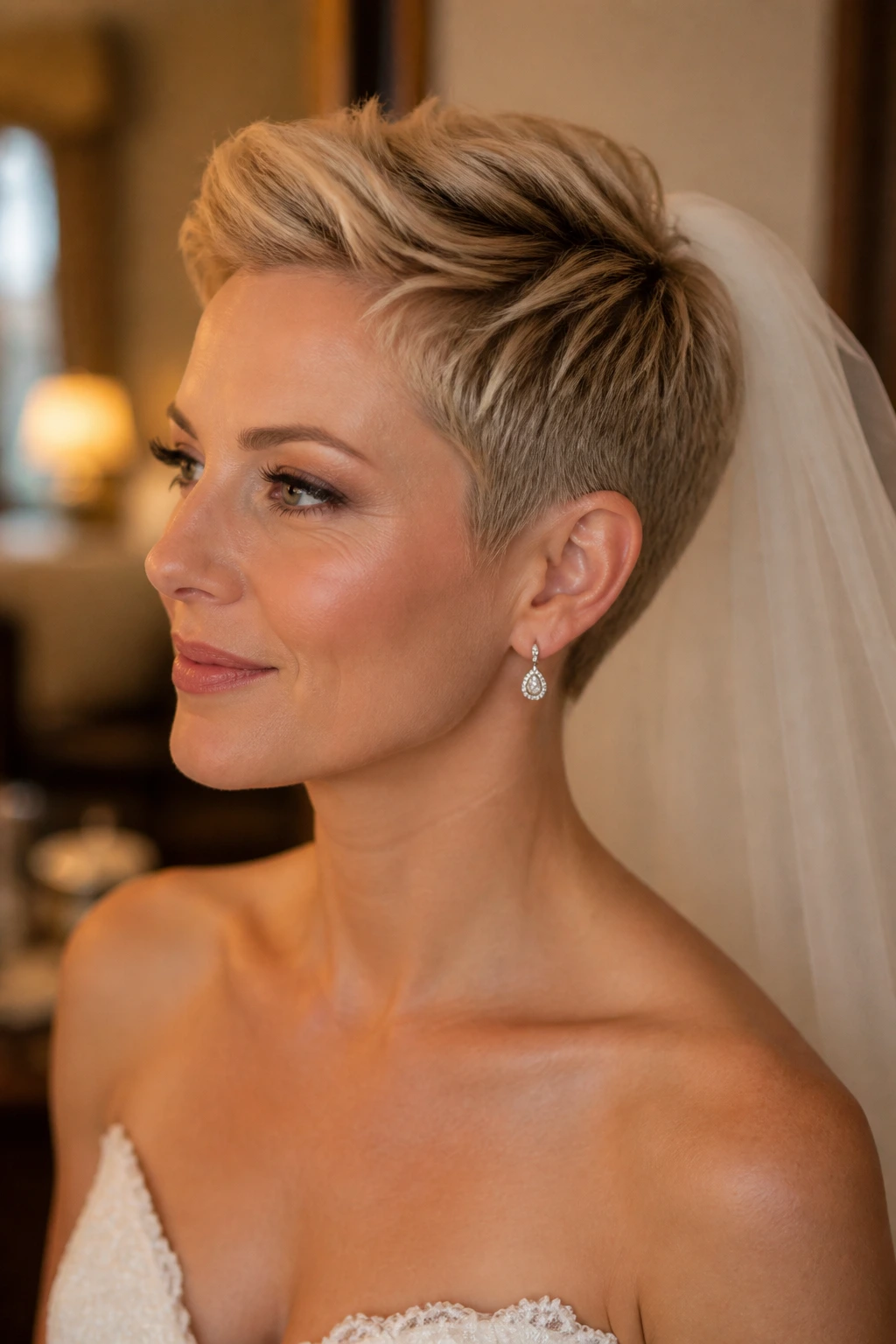 Bride with veil-ready sculpted pixie showing structured crown for veil