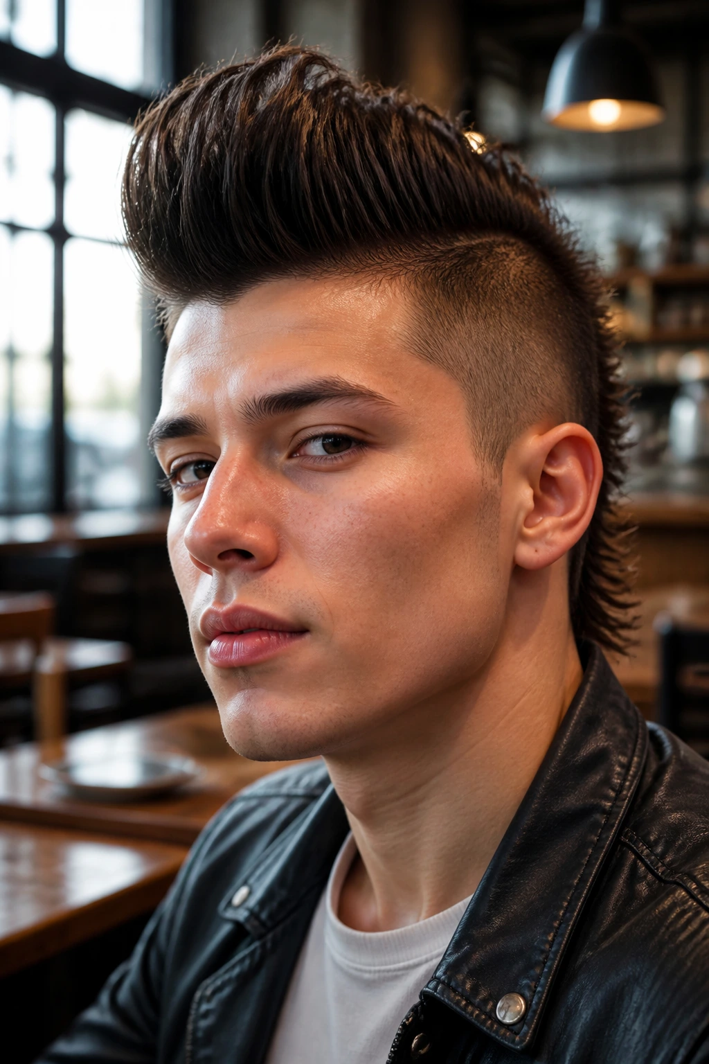 Portrait of a real person with a sculpted pompadour hawk in a cafe setting