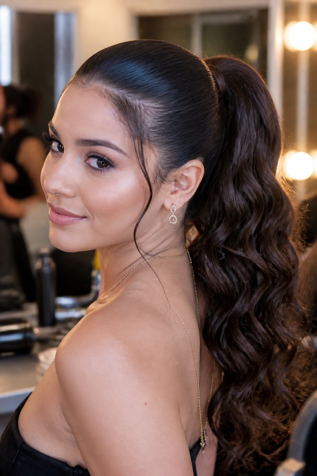 Portrait of a real woman with sculpted ponytail and curled ends