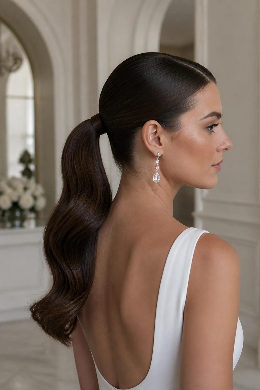 Close-up of sculpted ponytail for minimalist gown