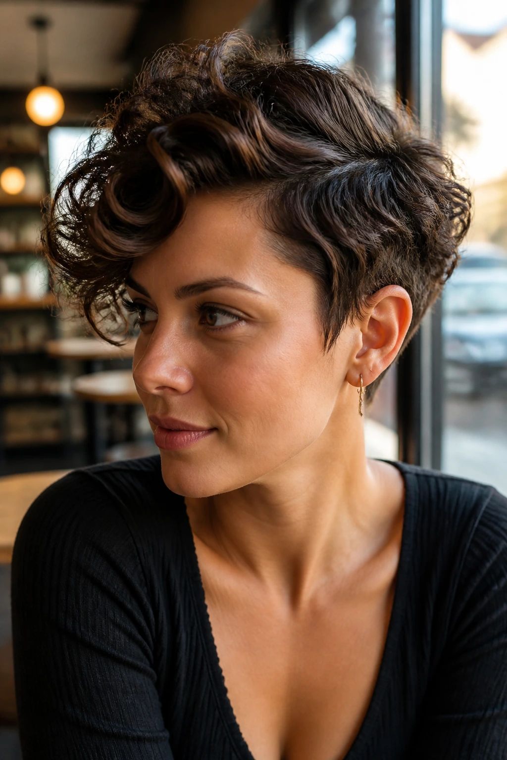 Portrait of a real person with a sculpted S-curve pixie highlighting the curved silhouette