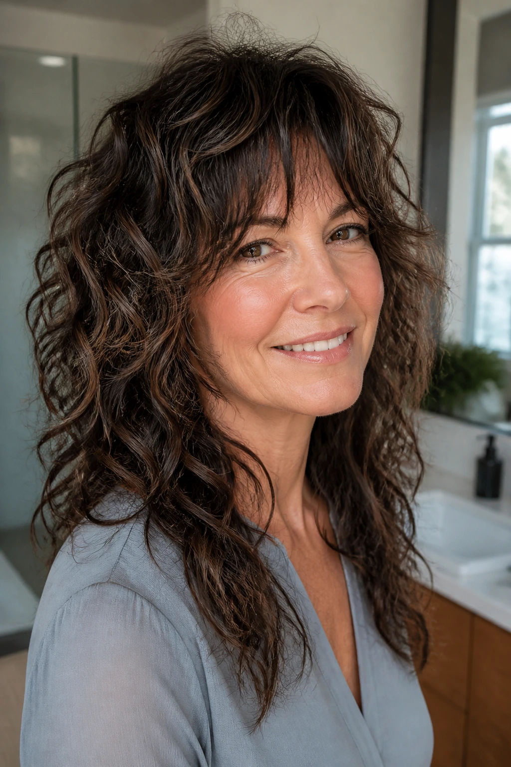 Portrait of real woman with sculpted shag for low-porosity curls in a bright bathroom