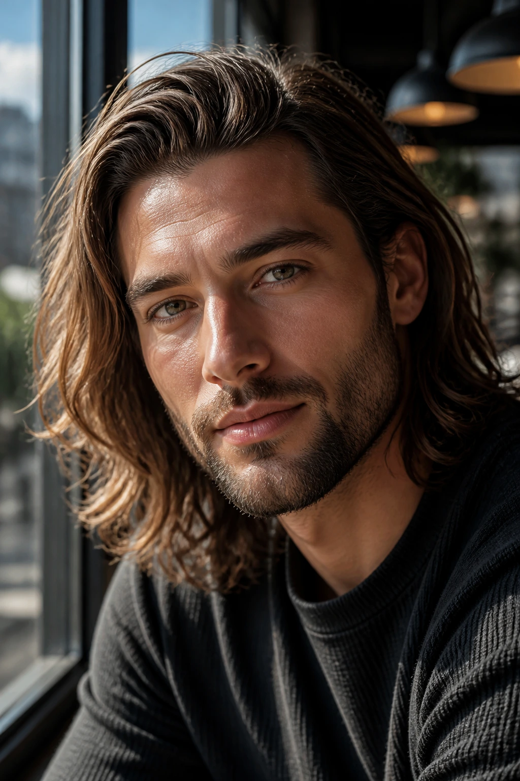 Man with sculpted short beard and long hair in soft window light