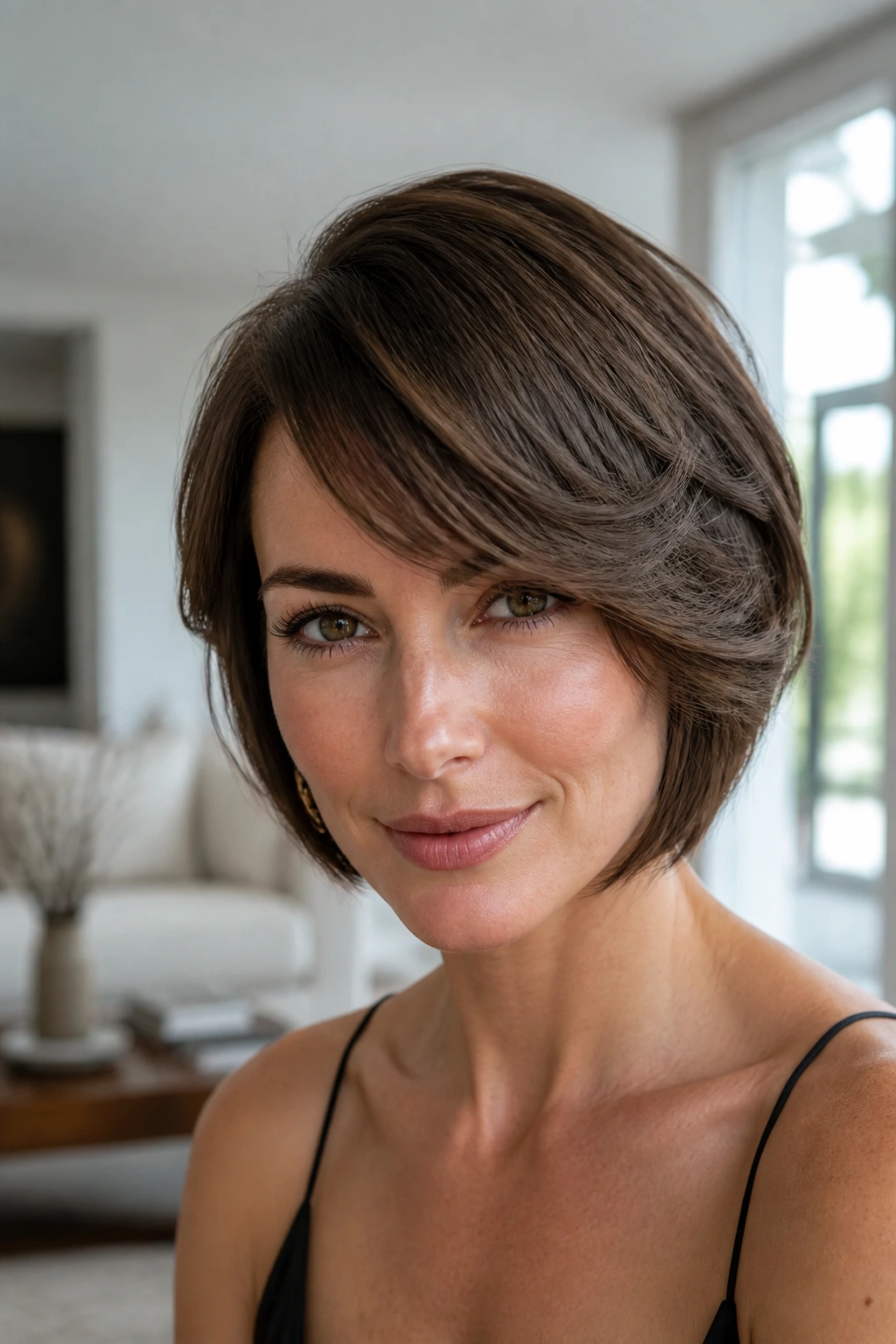 Close-up portrait of a real person with sculpted side bang finish in soft daylight