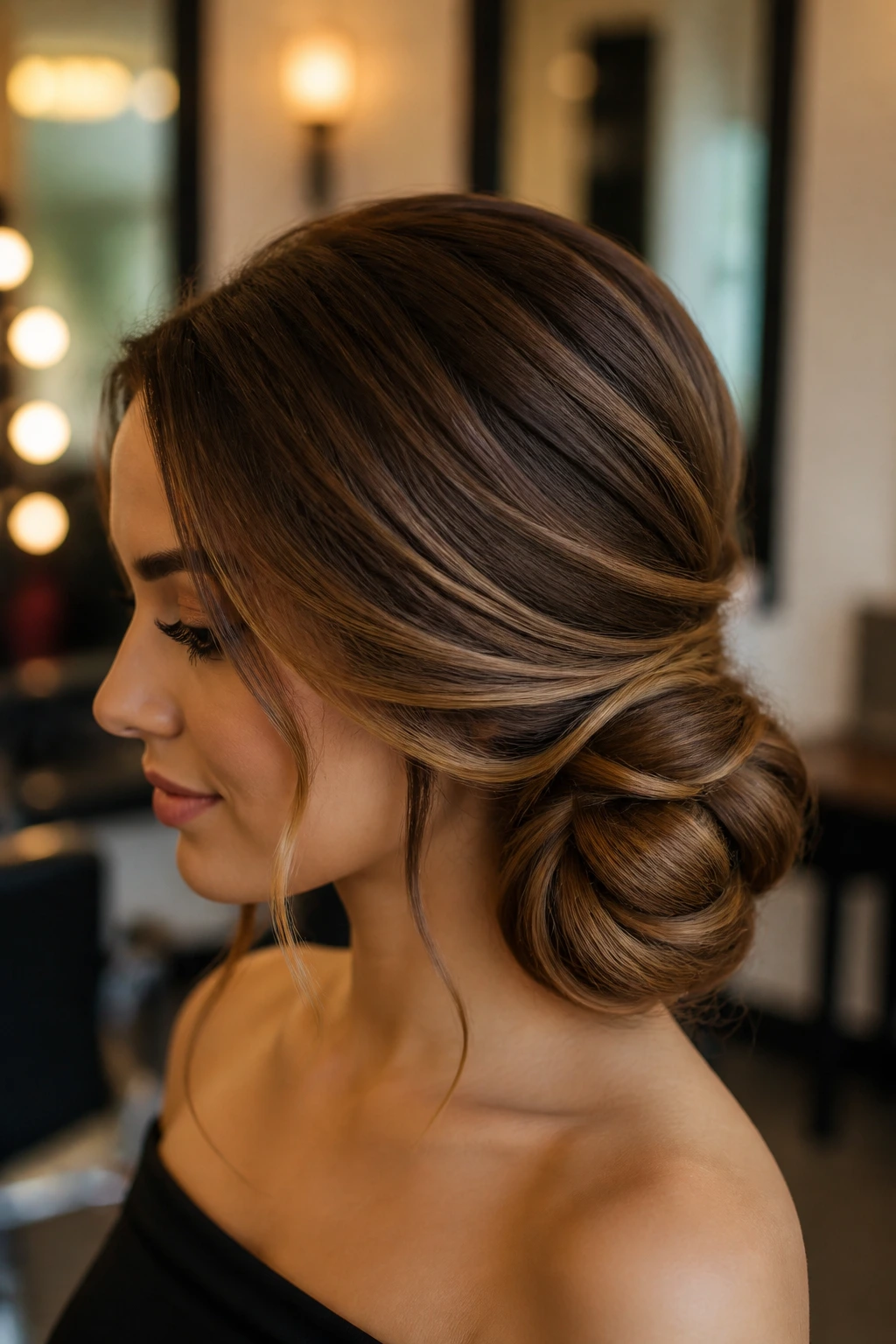 Close-up of sculpted side bun on real woman