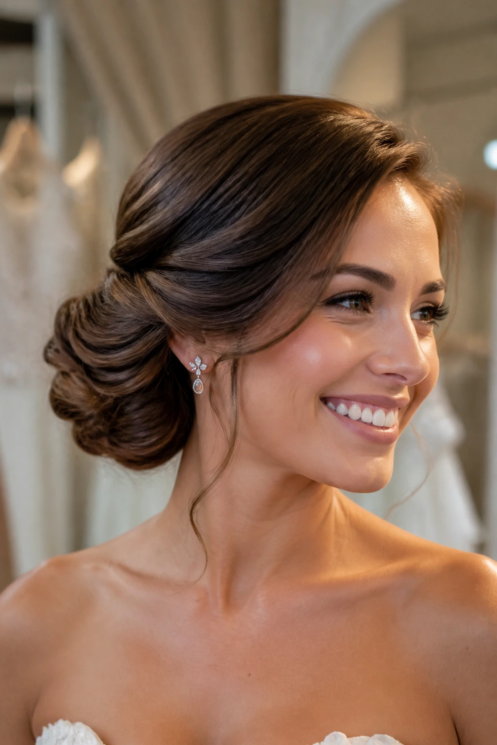 Bride with sculpted side bun in side profile