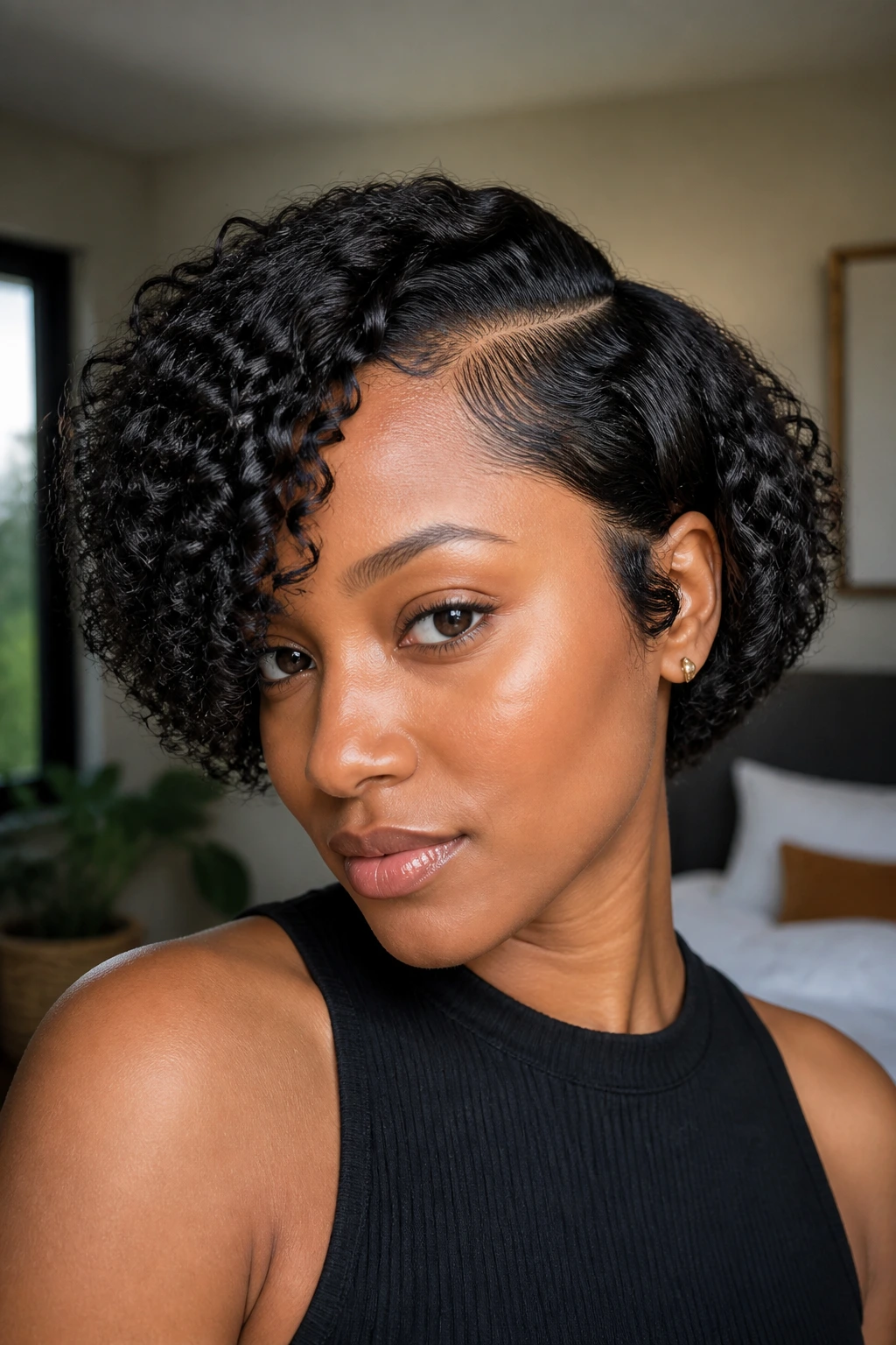 Portrait of a real woman with sculpted side-part bob
