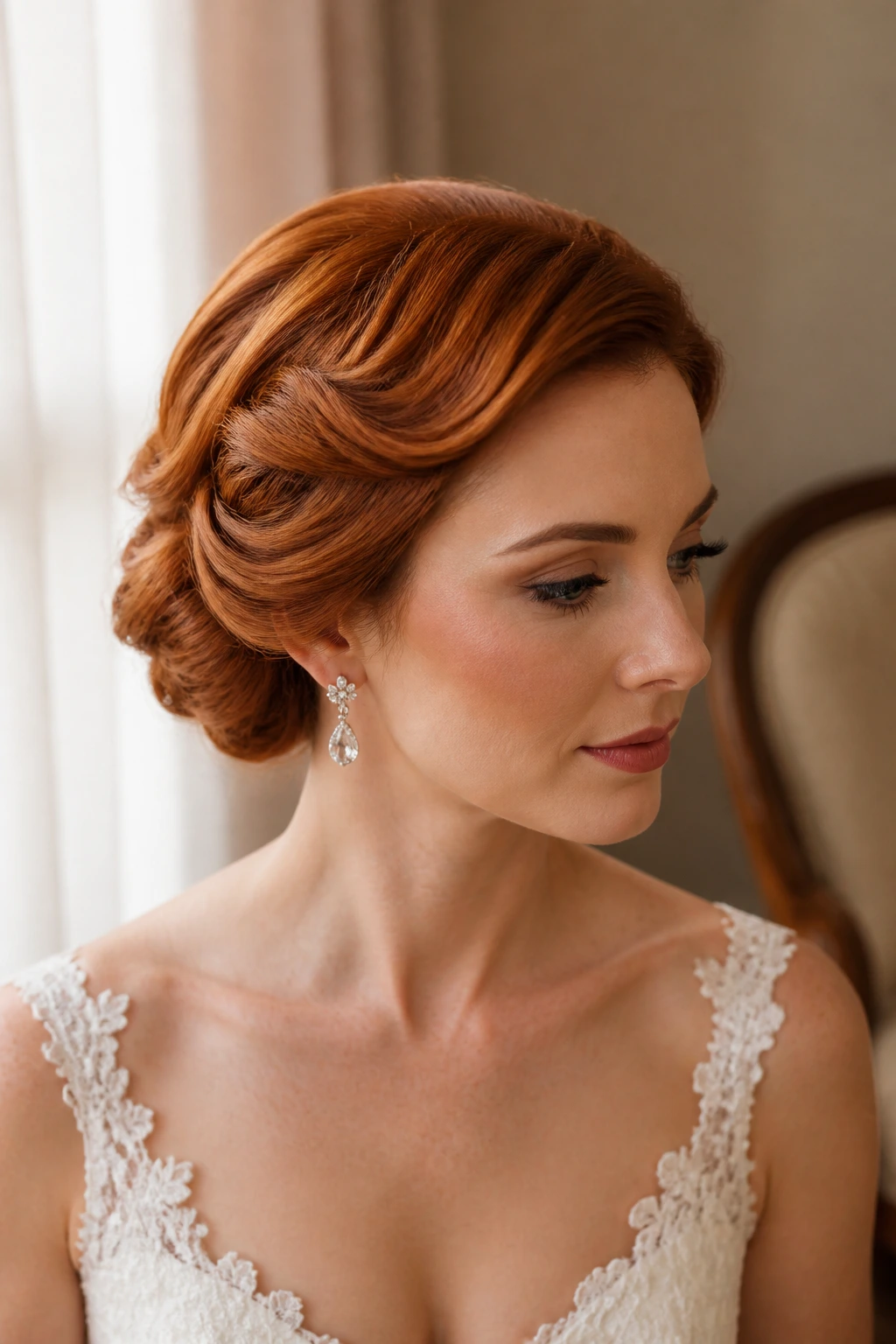 Close-up of a real bride with a sculpted side roll in red hair