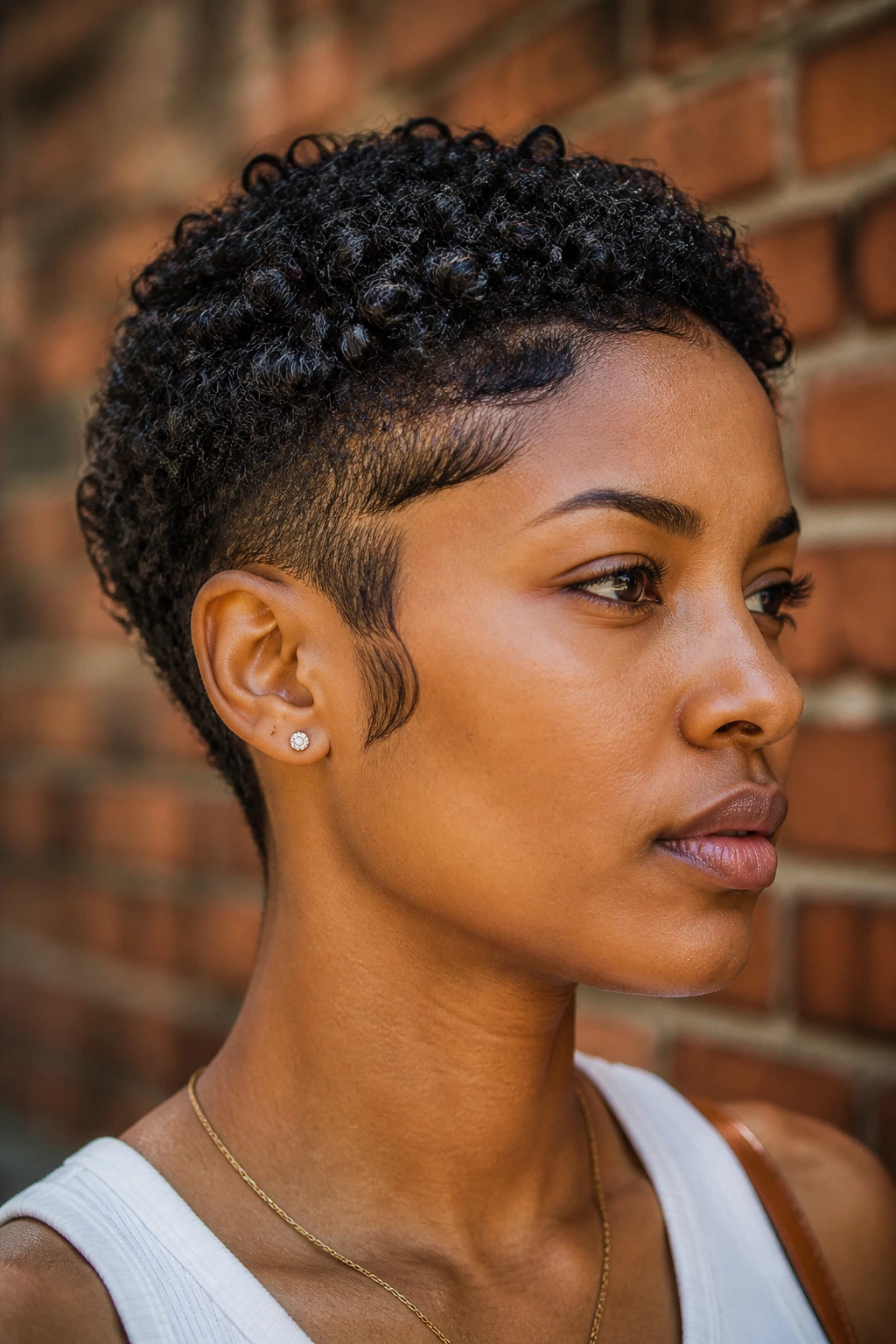 Close-up portrait of a real person with a sculpted sideburn crop haircut