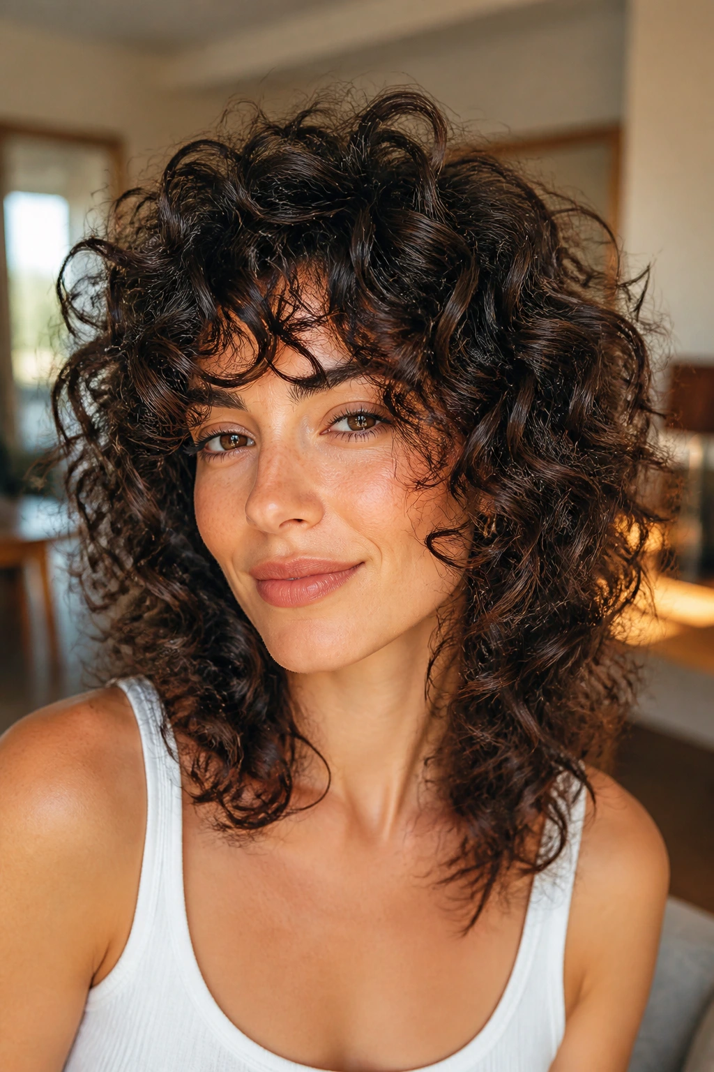 Close-up of a real woman with sculpted spiral curls and crown volume dominating the frame