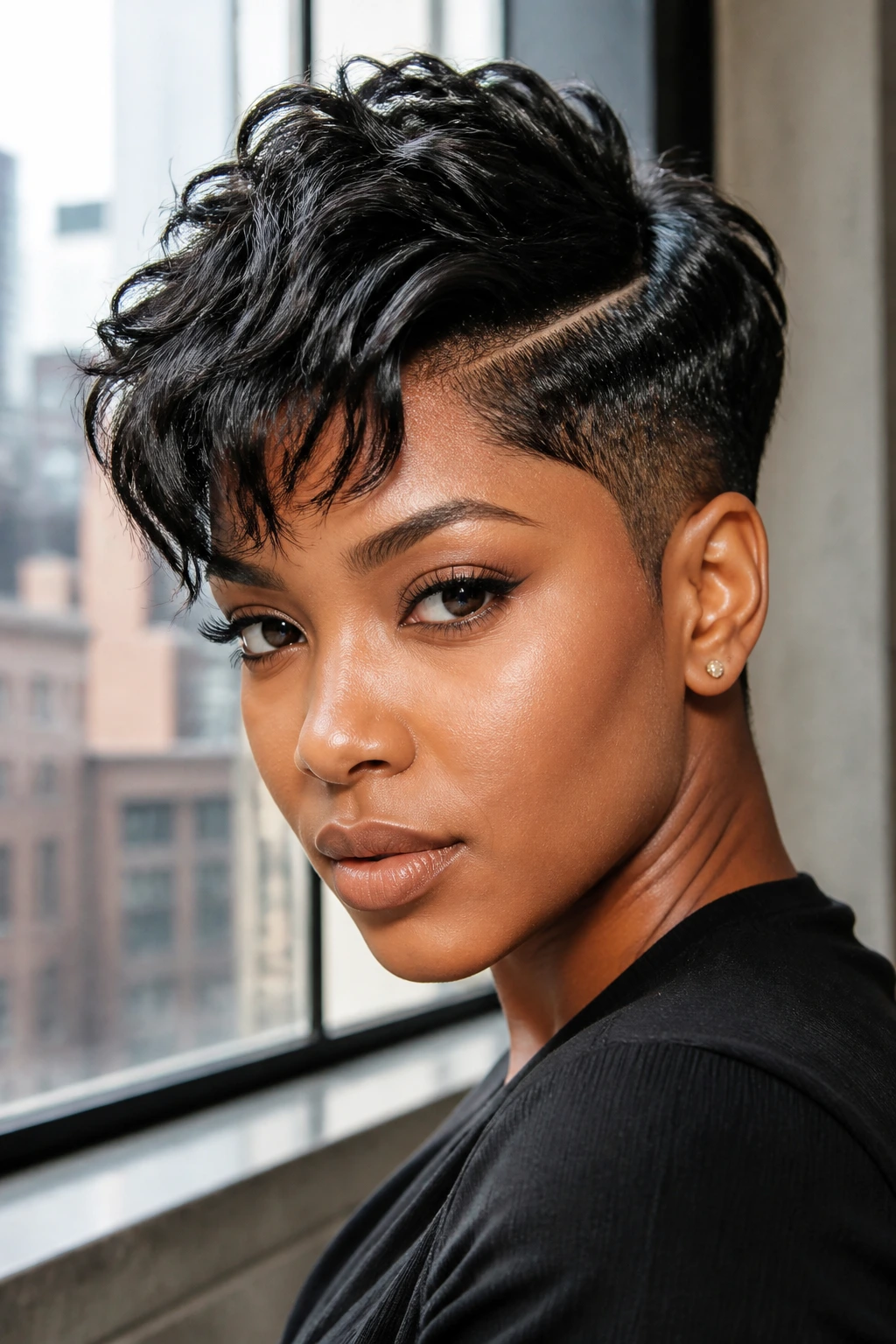 Close-up of a real person with sculpted tapered shag and hard part