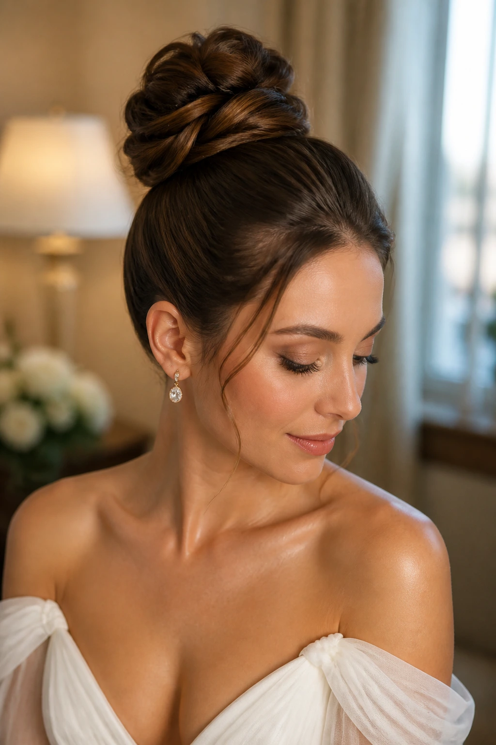 Bride with a sculpted top knot and exposed neck