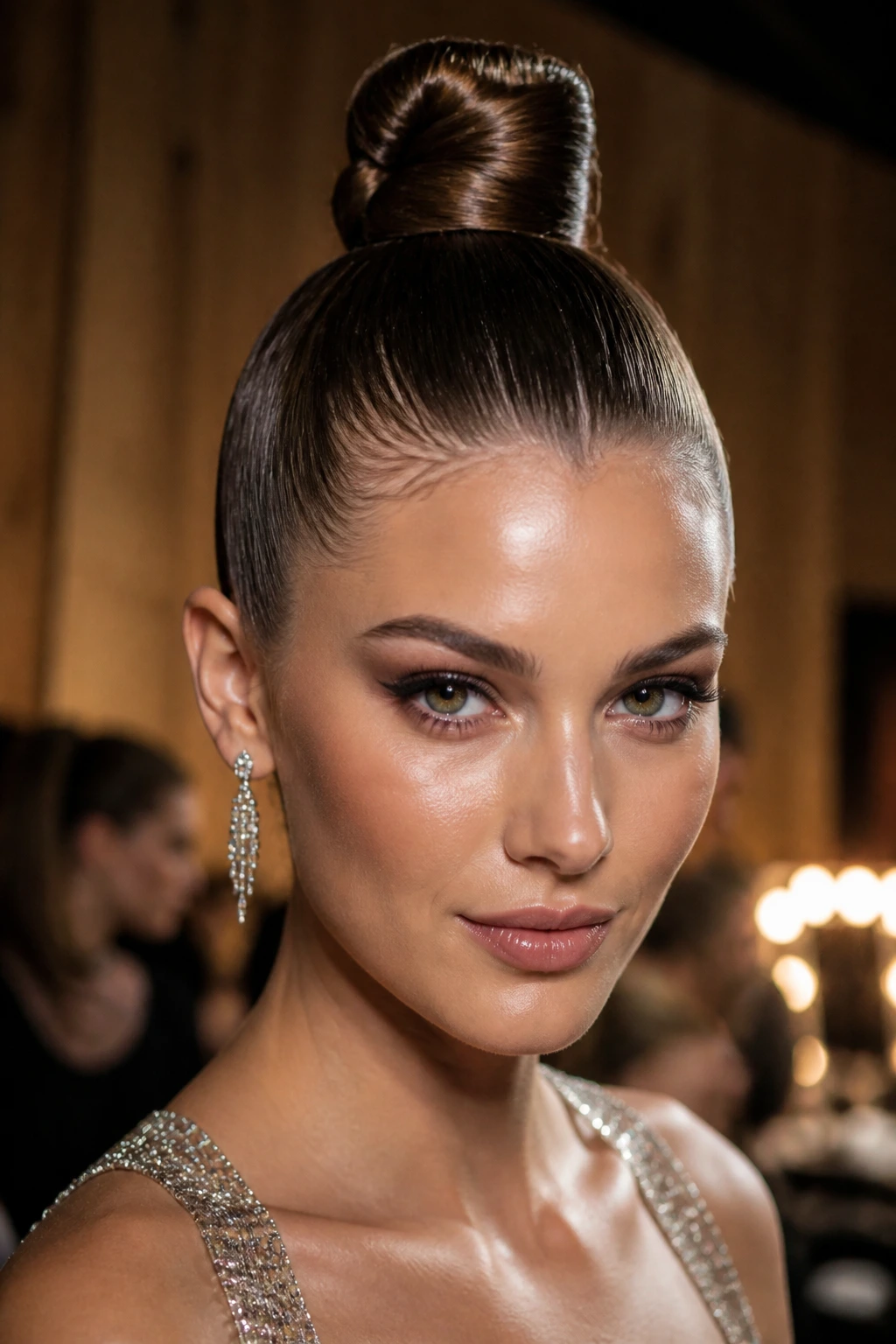Close-up of a sculpted top knot on a real woman