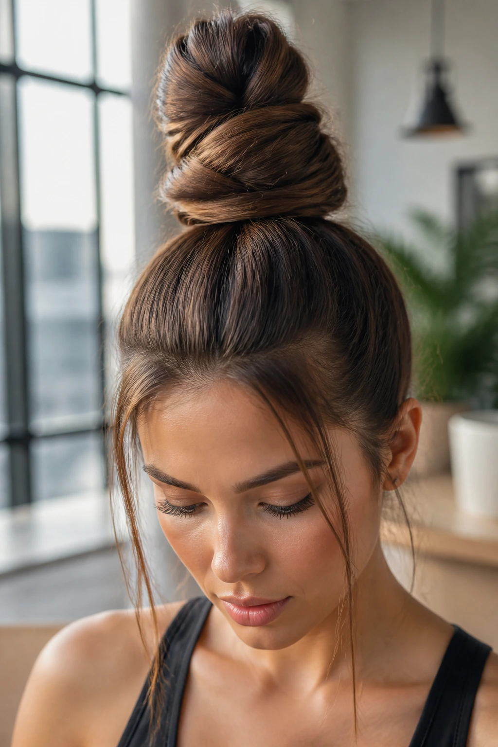 Close-up portrait of a real woman with a sculpted top knot hairstyle