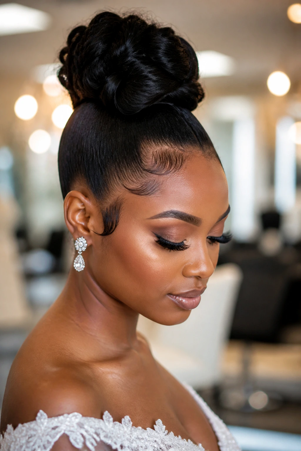 Bride with sculpted top knot and sleek hairline