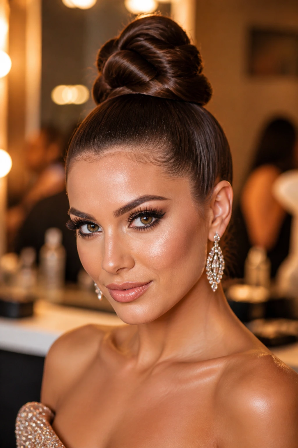 Real woman wearing a sculpted top knot