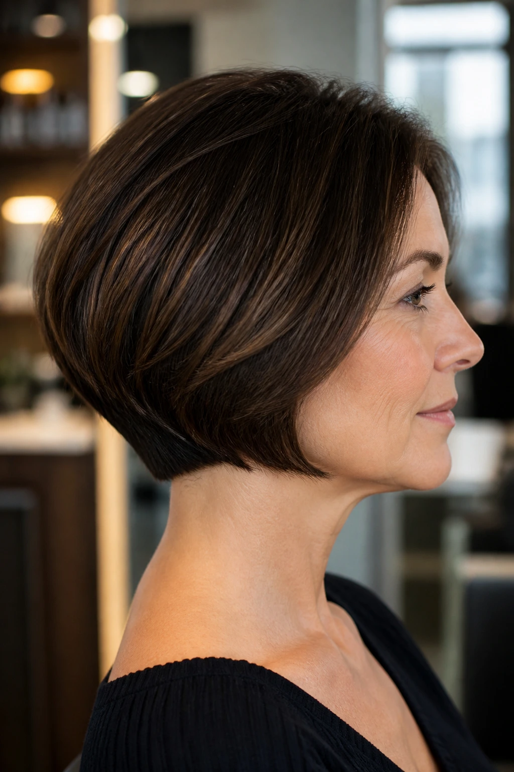 Profile view of a real woman with a sculpted tucked-nape bob and clean neck line