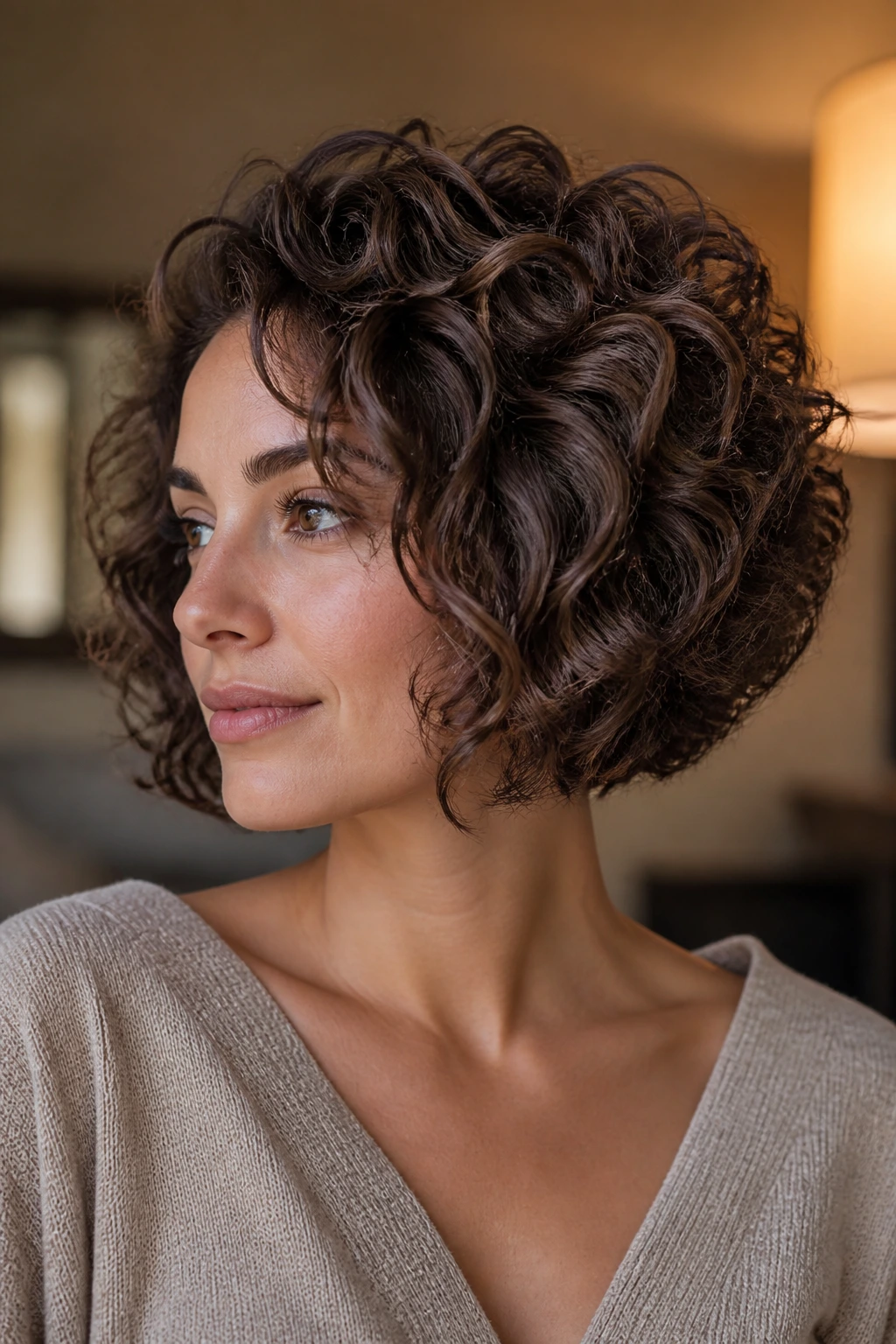 Close-up of a real woman with sculpted volume at the crown in a warm-toned interior