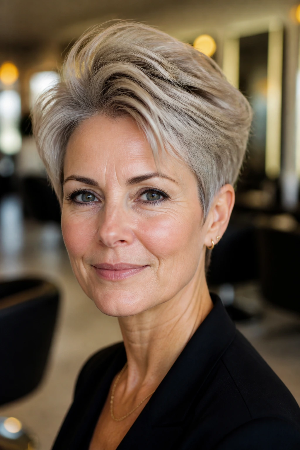 Close-up portrait of a woman with a sculpted volume pixie in warm salon lighting.