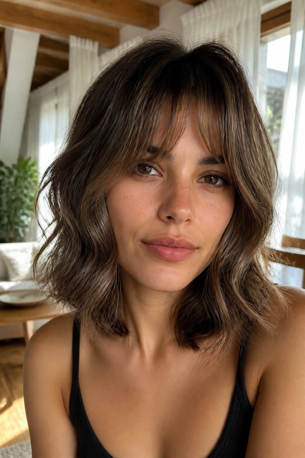 Portrait of person with sculpted wavy lob curtain fringe in natural light.