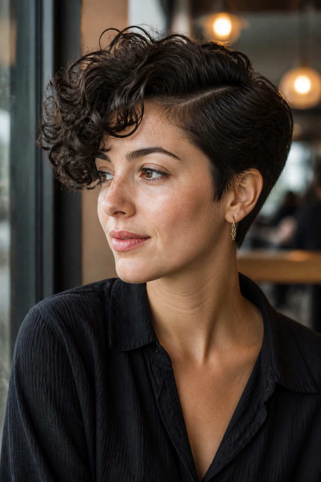 Close-up portrait of a real woman with sculpted side-part pixie