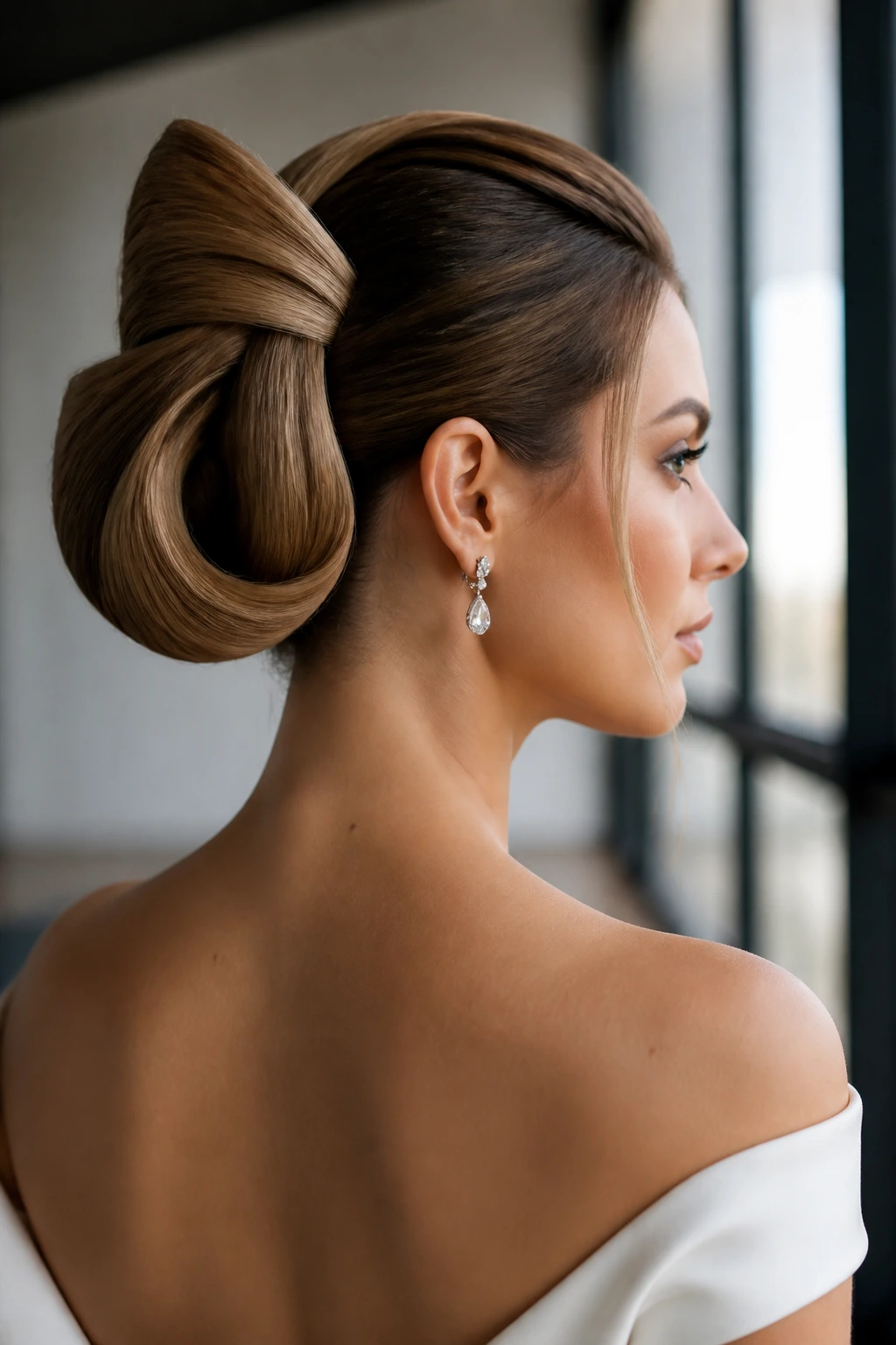 Real bride with sculptural editorial bun in a modern venue