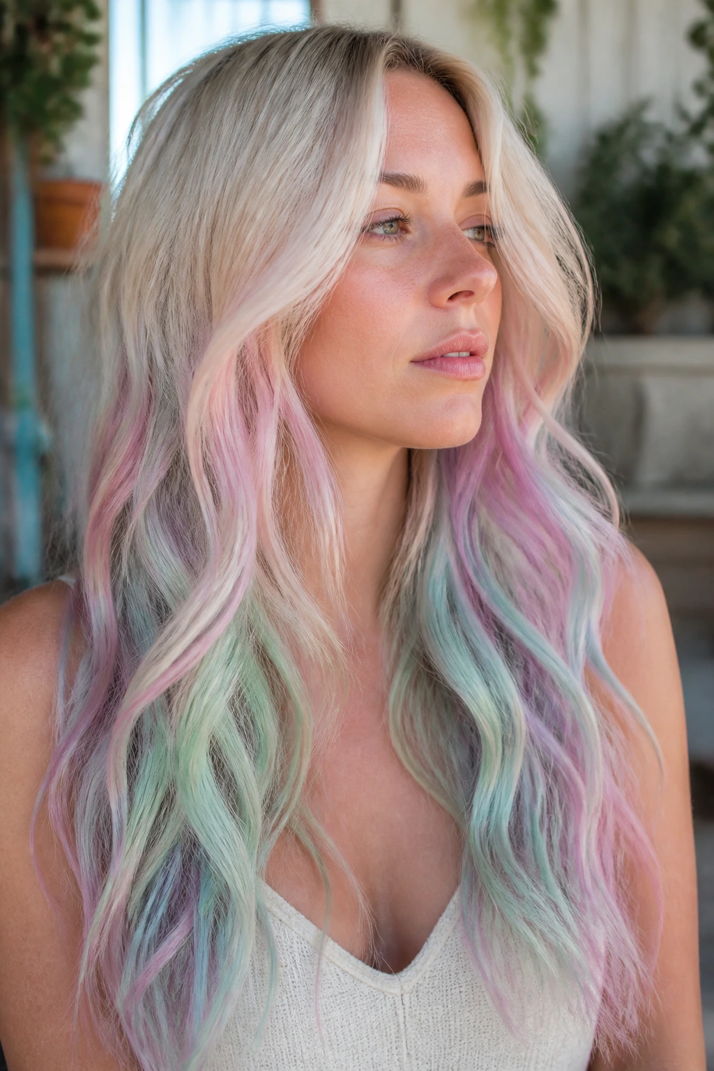 Portrait of a person with sea glass pastel mermaid color on long hair