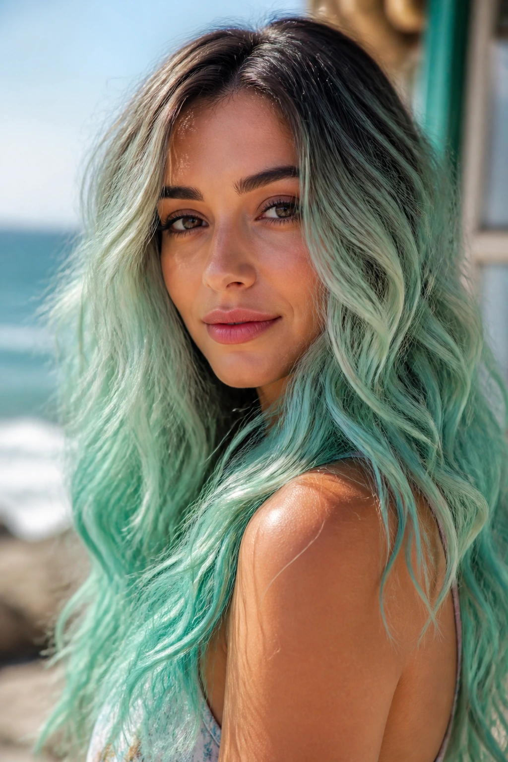 Close-up of woman with seafoam waves and gradient color