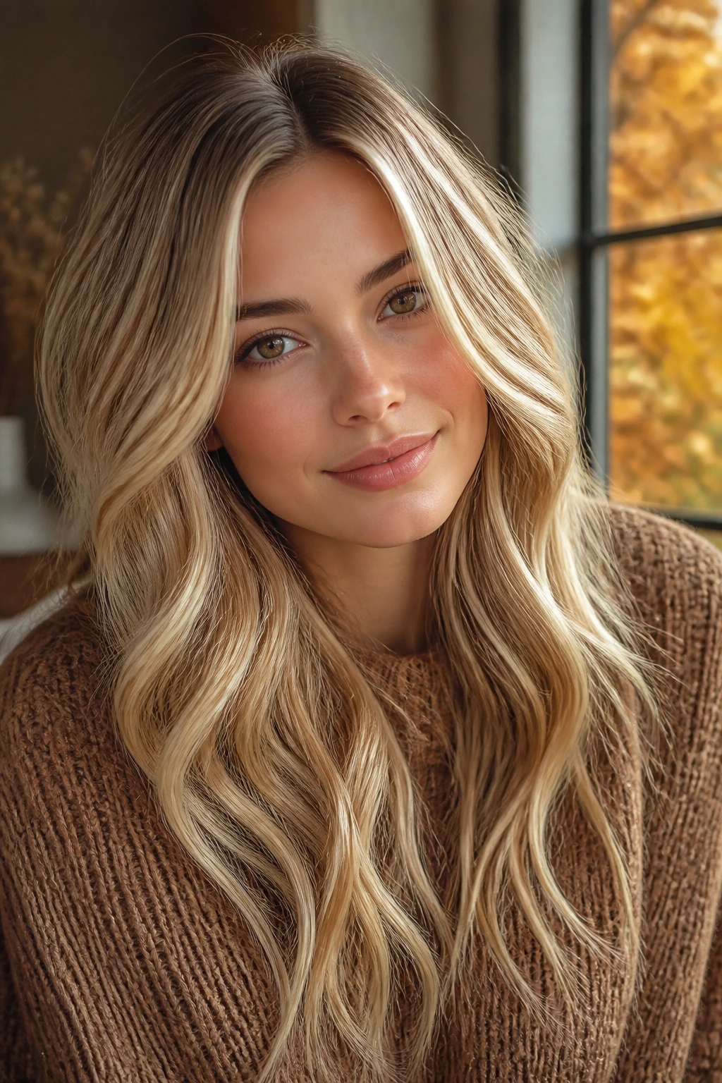 Portrait of a woman with beige-gold blonde and root shadow in autumn setting