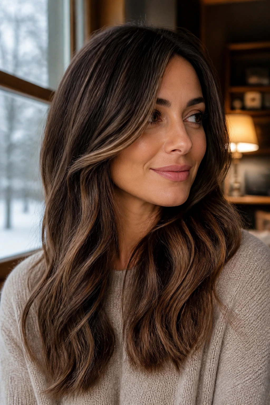 Portrait of a real person with dimensional brunette shade under warm indoor lighting and a hint of winter outside.