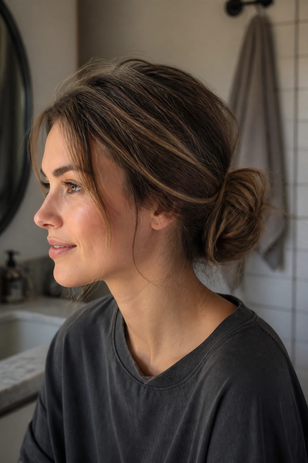 Second-day hair bun on a real woman in a cozy home setting