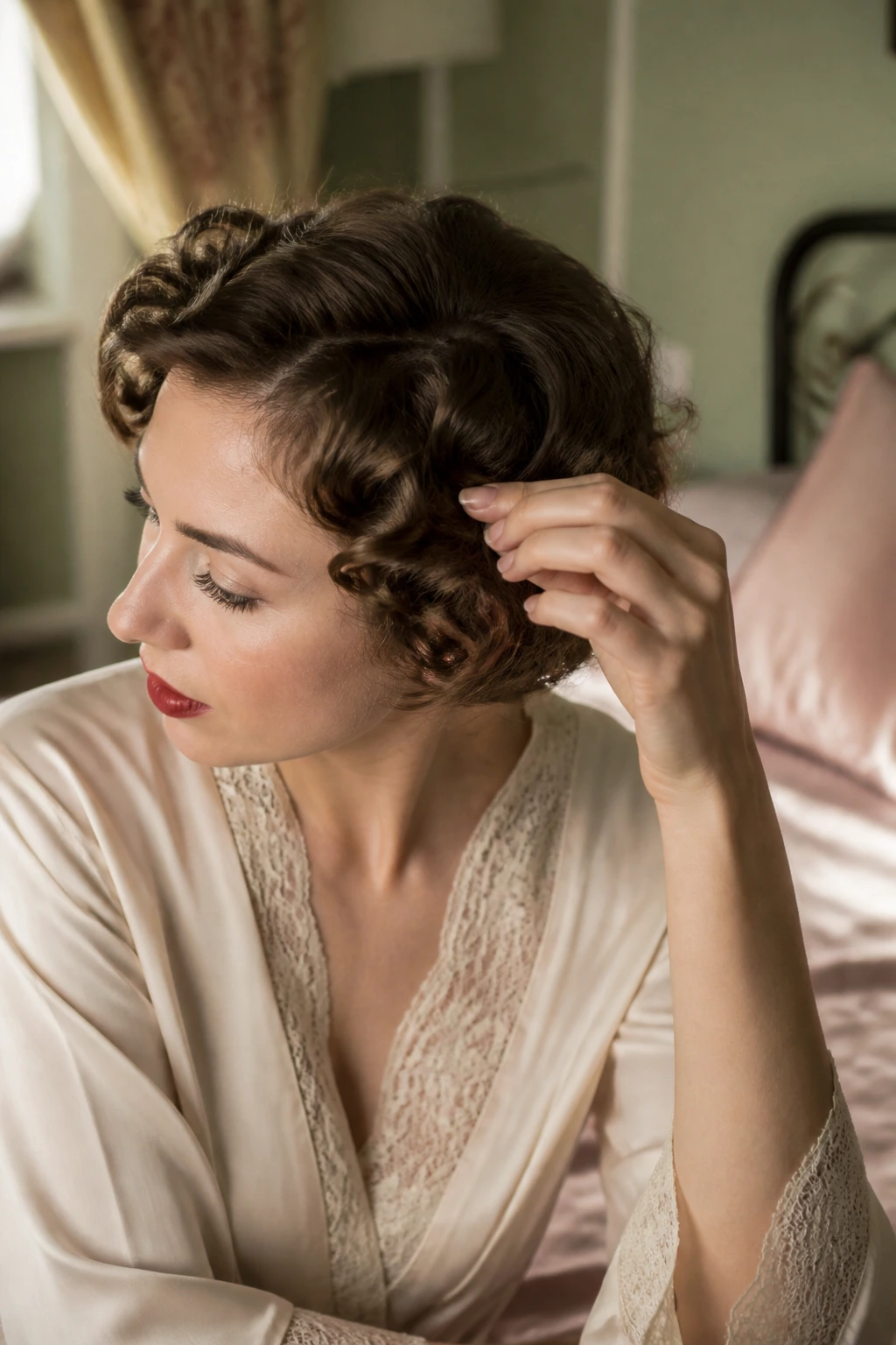 Second-day vintage short curls being refreshed with finger shaping.