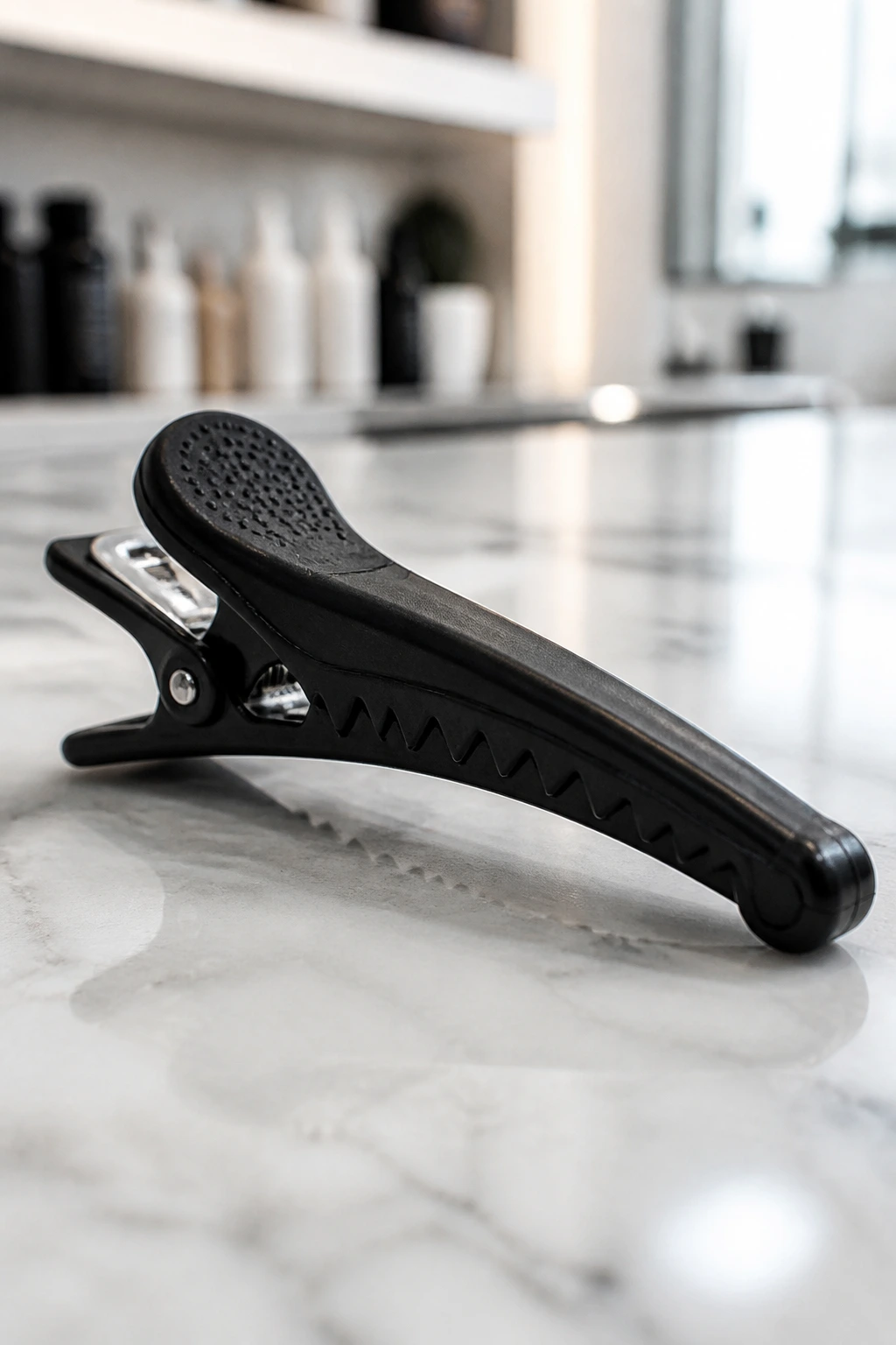 Close-up of a single sectioning clip on a salon counter
