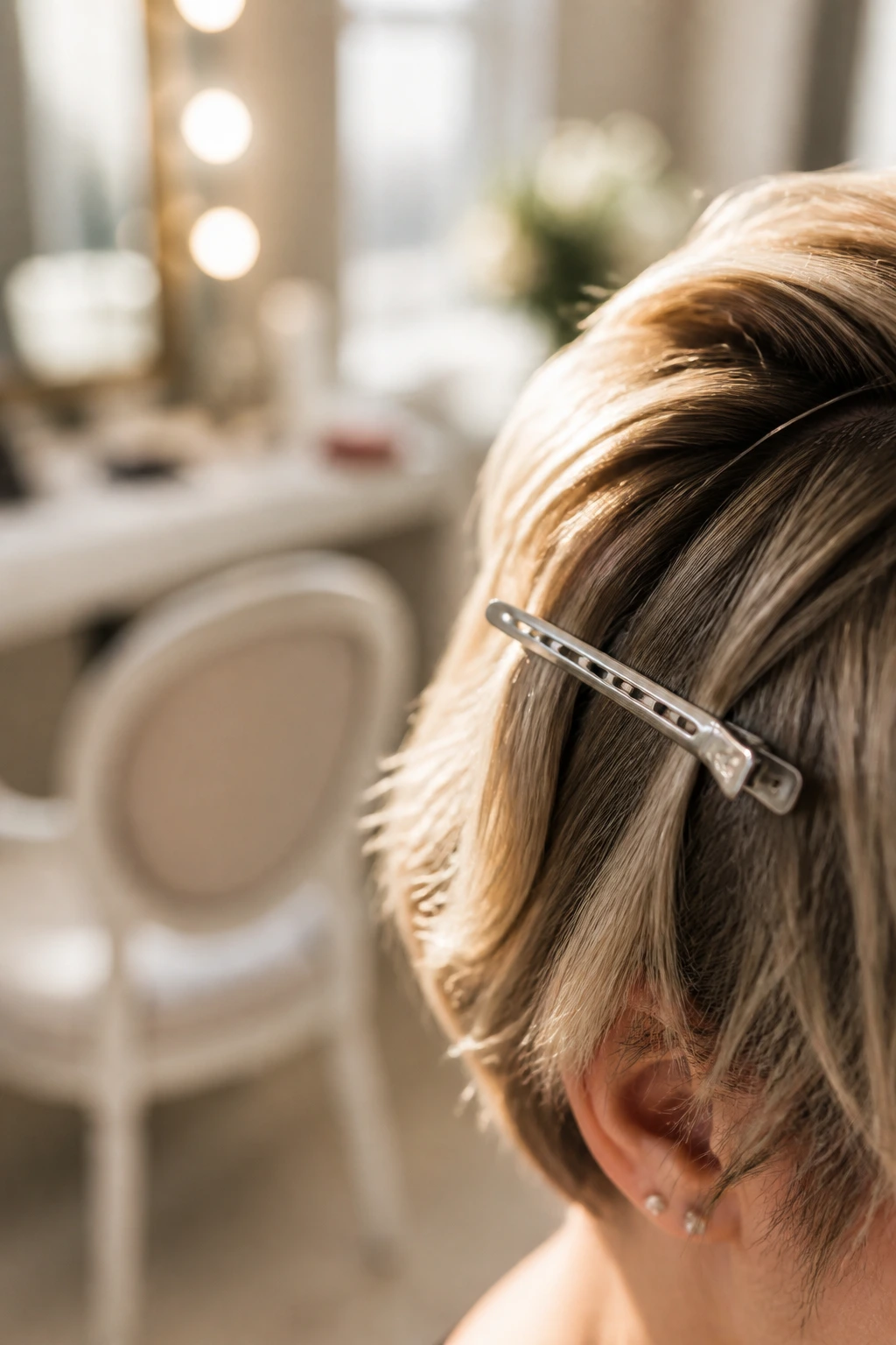 Close-up of a sectioning clip on short hair in a salon setting