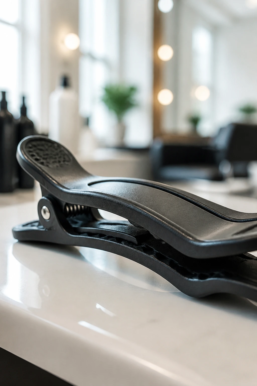 Close-up of a hair sectioning clip on a salon counter