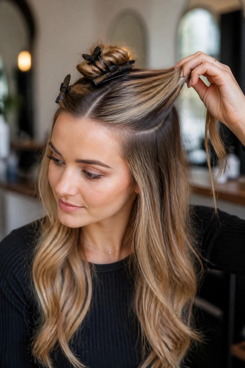Real woman showing crown sectioning with clips for half-up styles.