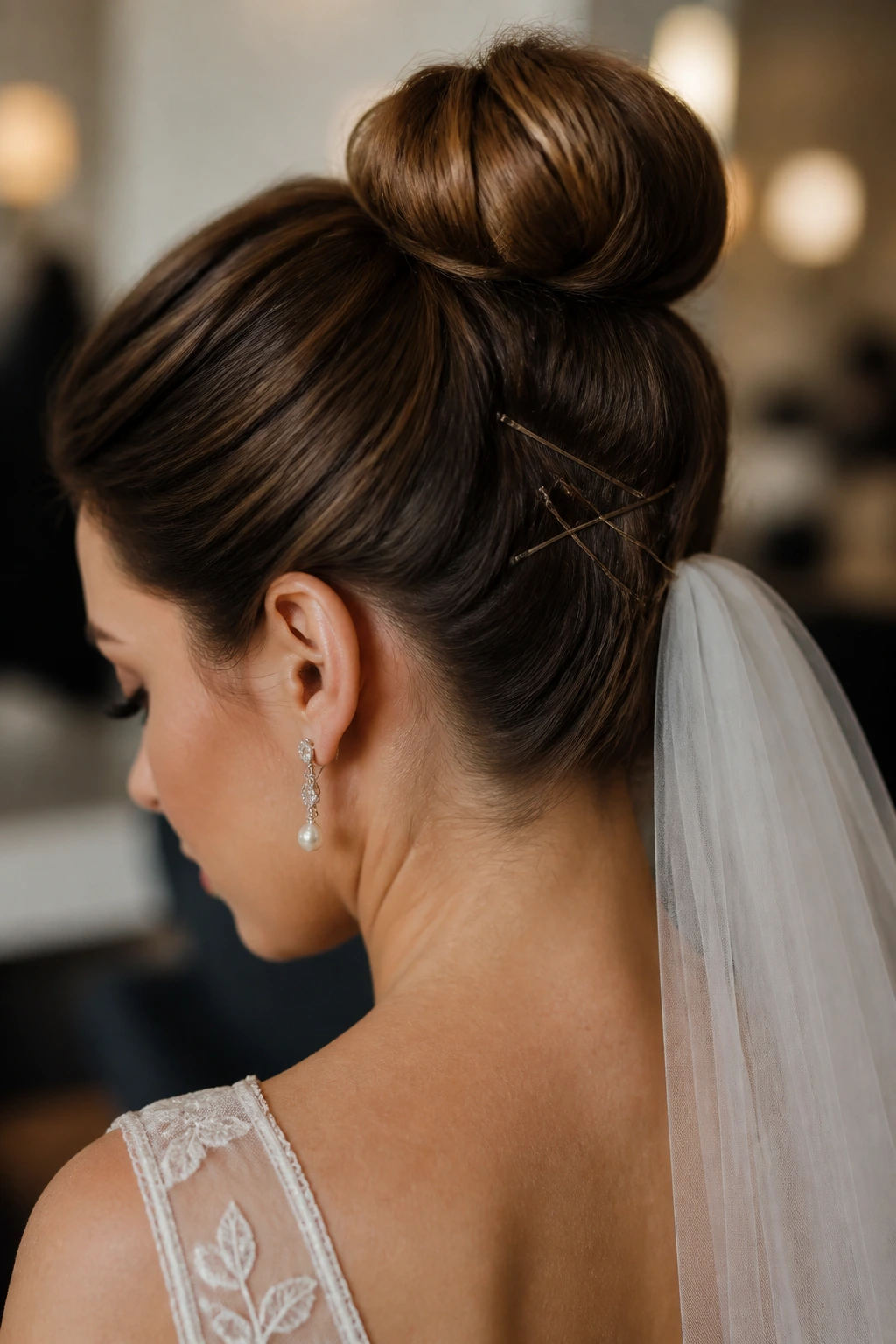 Close-up of a secure bridal bun with cross pins at the base