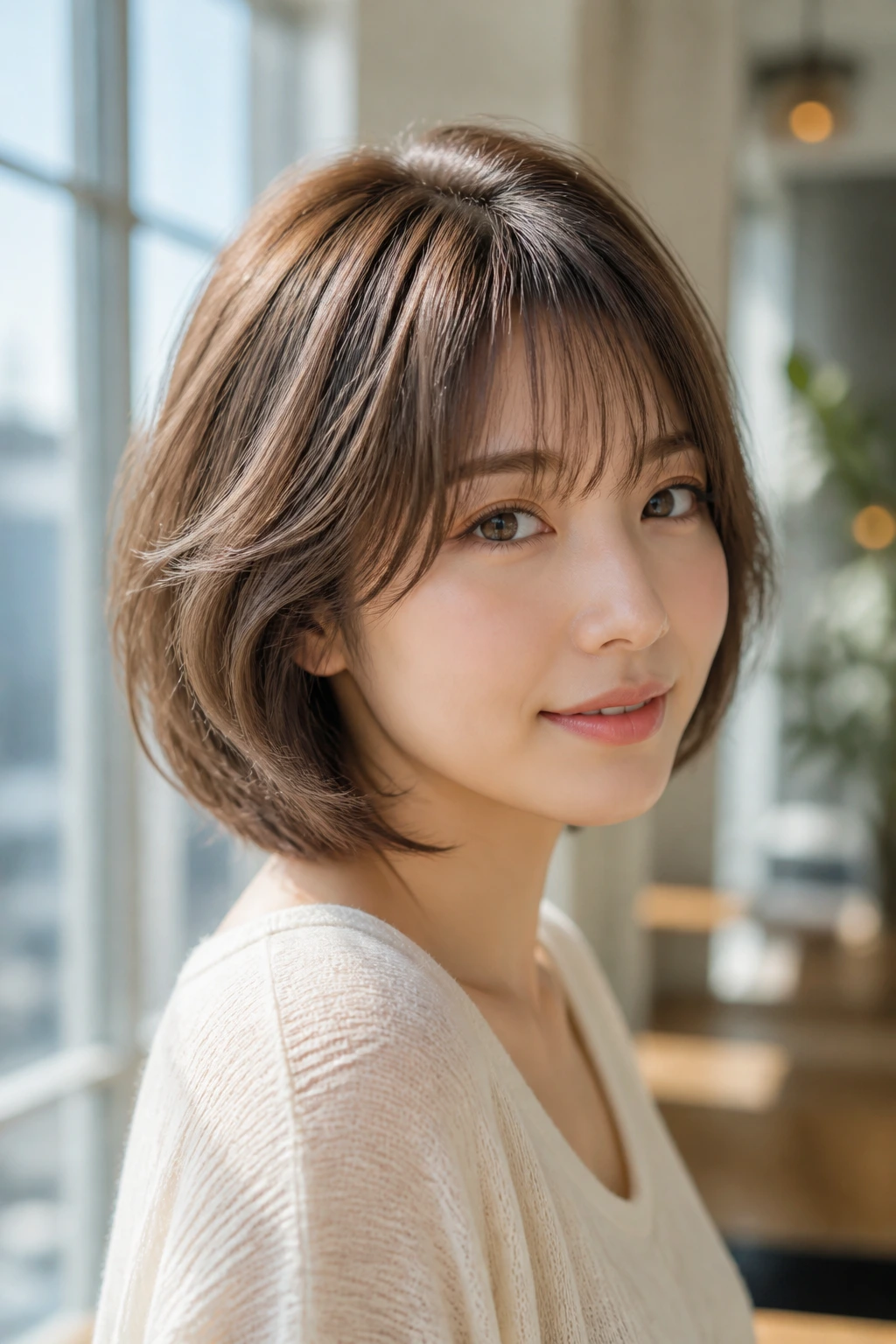 Close-up portrait of a real woman with airy layered bob and see-through bangs