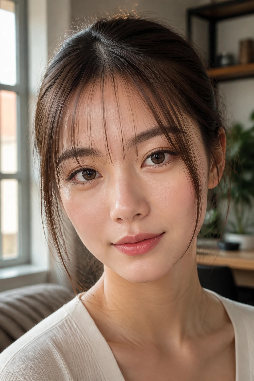 Close-up of a real woman with airy see-through bangs showing the forehead