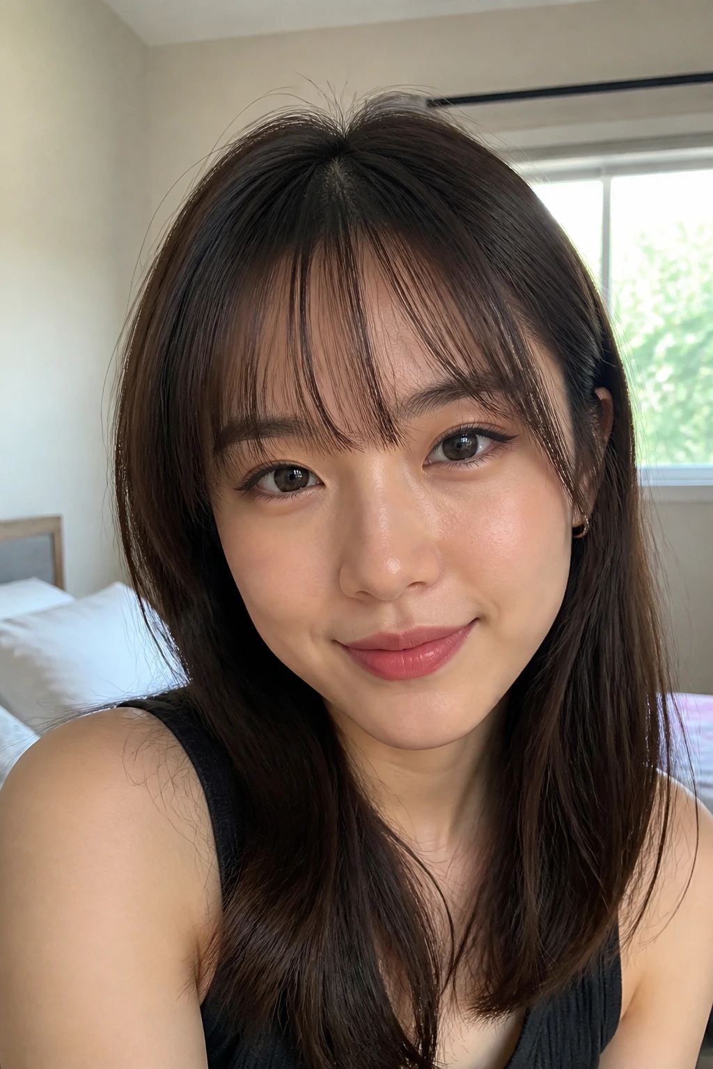 Close-up of a real woman with airy see-through bangs in a sunlit bedroom