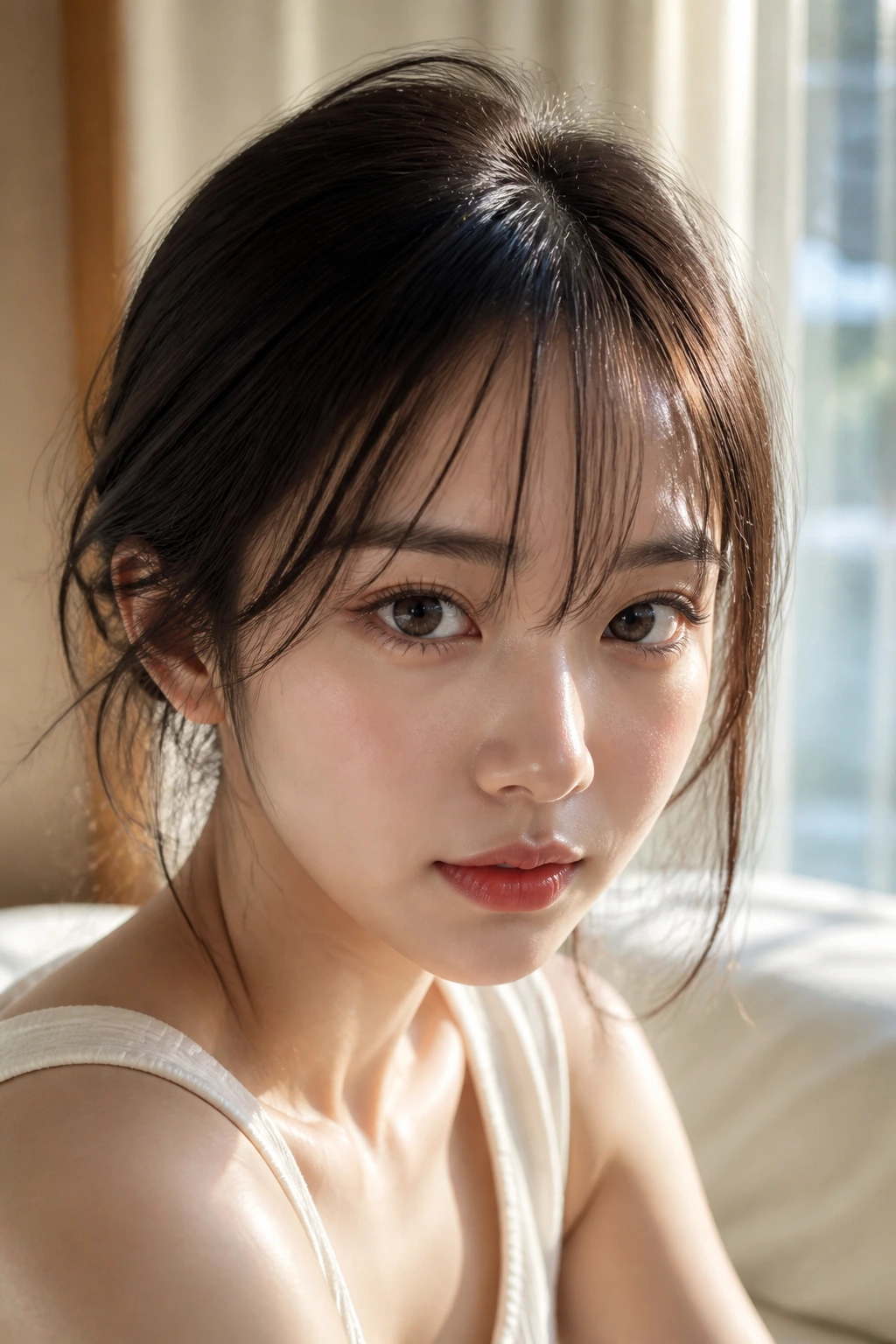 Close-up portrait of a real woman with airy see-through bangs