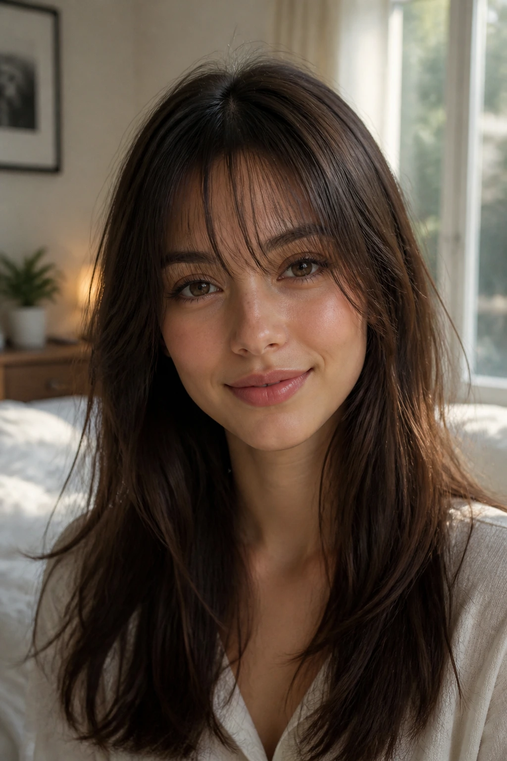 Close-up portrait of a real woman with see-through bangs on fine hair, forehead visible through wispy fringe