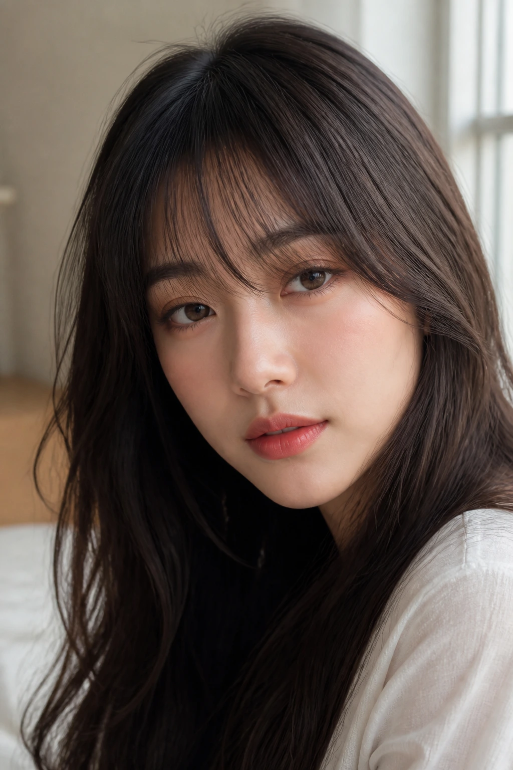 Close-up of a real woman with see-through bangs and long hair in natural window light