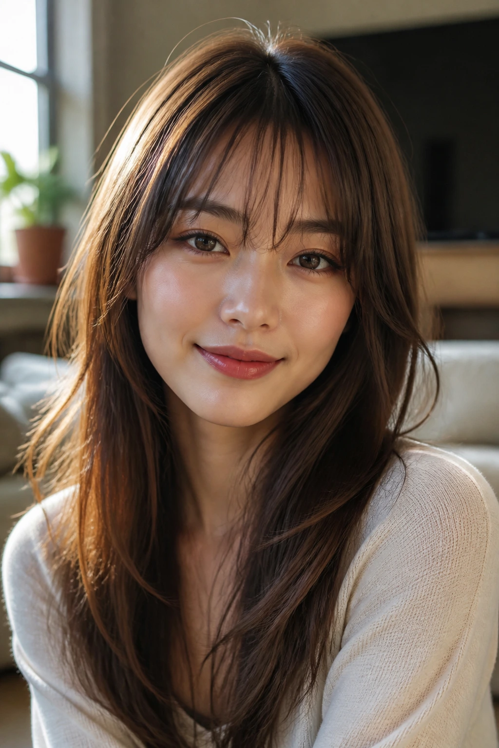 Woman with airy see-through bangs in a sunlit living room