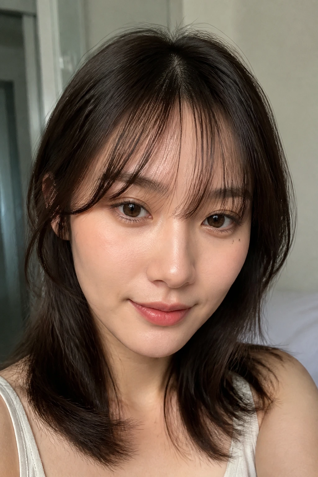 Portrait of a woman with see-through bangs grazing the brows