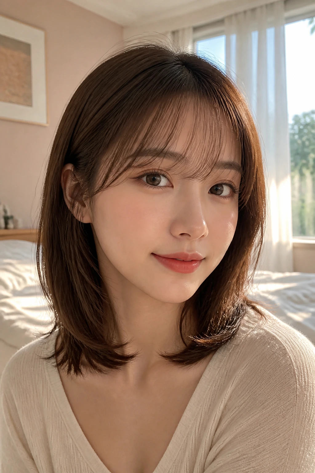 Close-up portrait of a woman with see-through bangs on medium-length hair, soft natural light