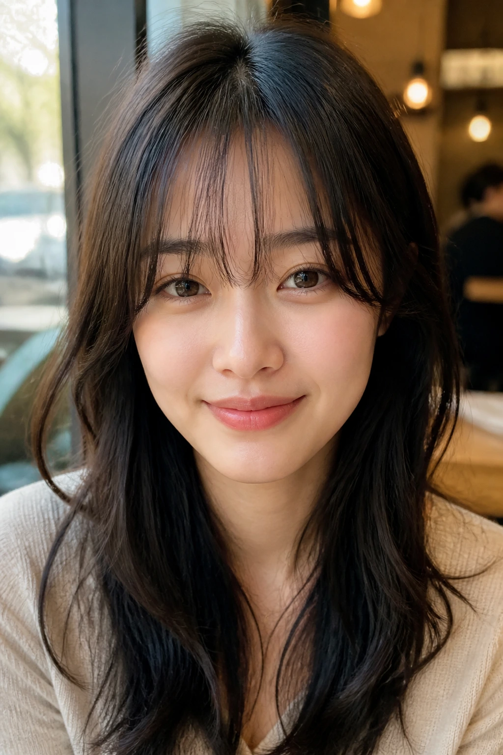 Portrait of a woman with see-through bangs letting forehead show through.