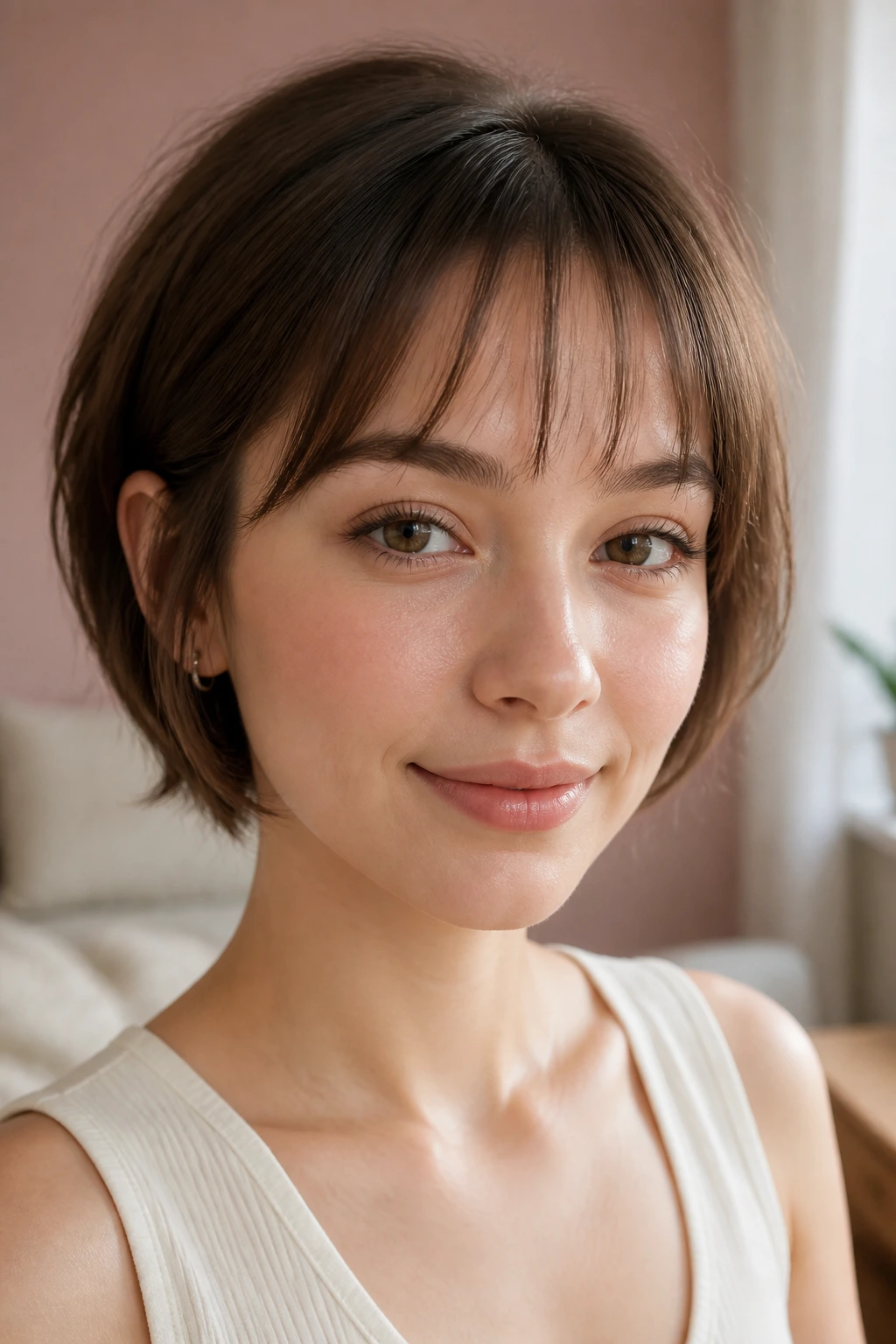 Close-up of a real woman with see-through bangs above the brows in natural window light.