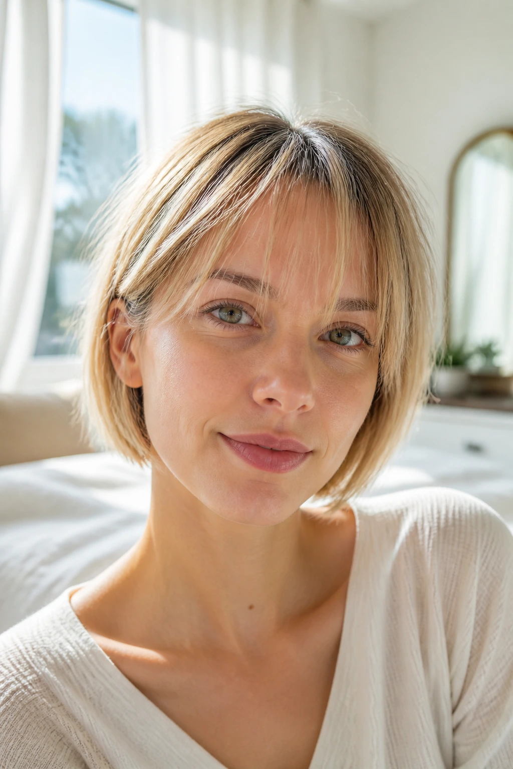 Real woman with airy see-through fringe for fine hair in bright room