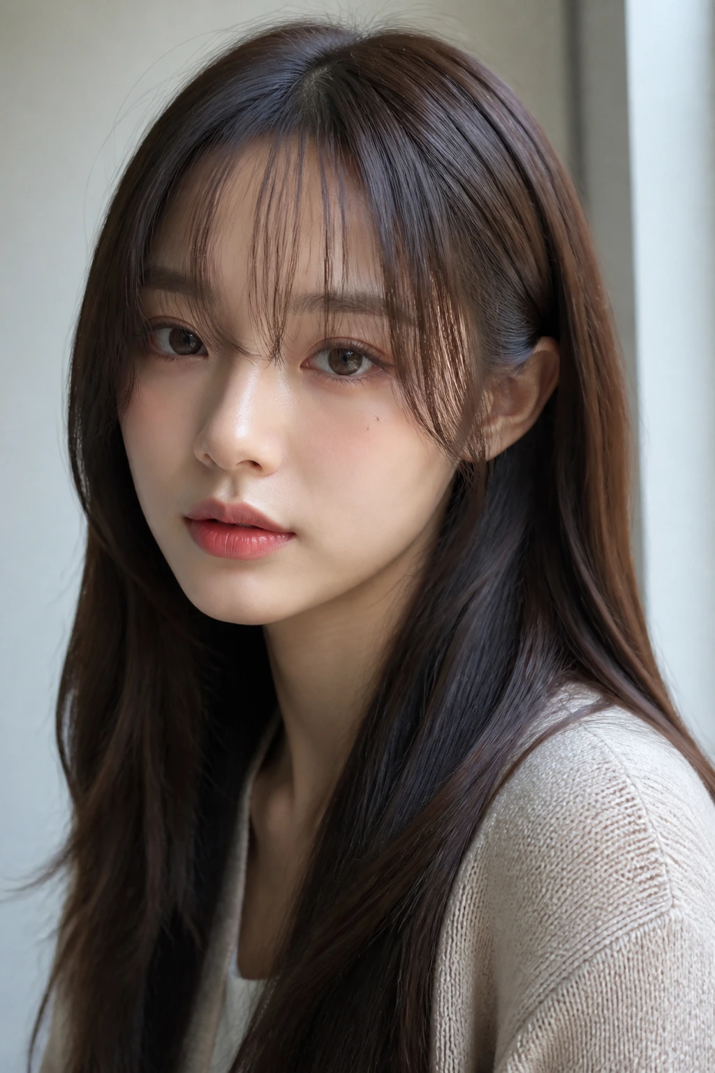Portrait of woman with see-through Korean-style fringe